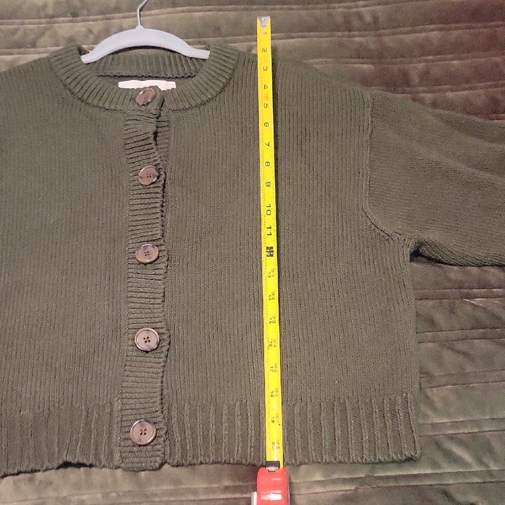 LOFT Olive Green Button-Front Crewneck Cardigan - Picture 8 of 11